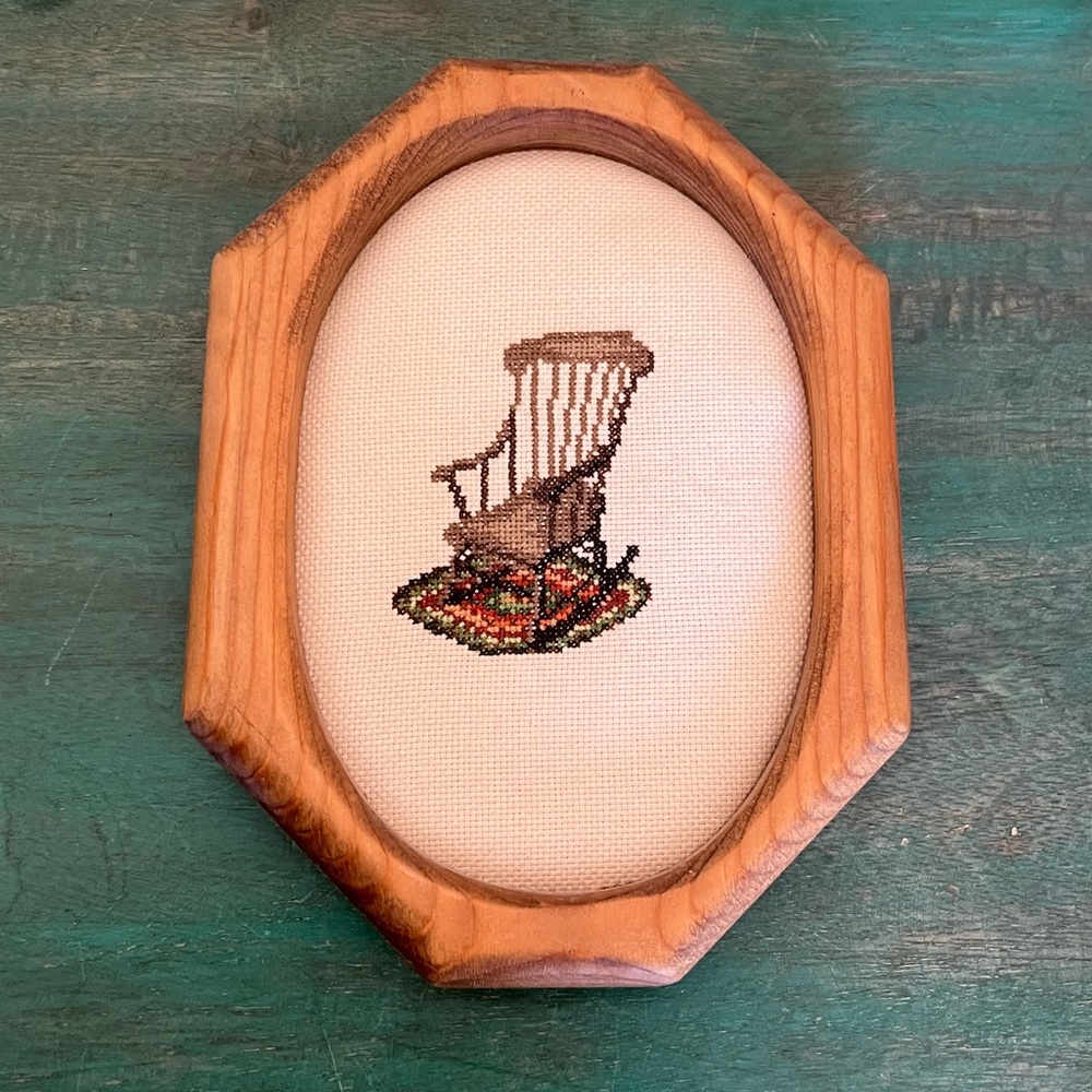 Framed Needlepoint of Rocking Chair on Rug | Wood Frame | 7” T, 5-1/4” W - Picture 9 of 9